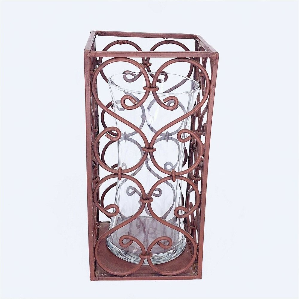 Metal Candle Holder with Separate Glass Wind Shade Vase Vintage Home Decor 10"